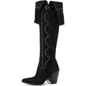 Women's Black Suede Pull On Classic Fringe Boots Knee High Boho Western Boots